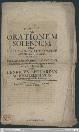 Ad Orationem Solennem, Cras Ab Hora IX. In Auditorio Maiore Auspicandi Causa Habendam, Senatum Academiae, Civesque ...