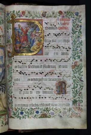 Zierseite mit Bordürenrahmen, Initiale mit Miniatur: D(ominus secus mare): Martyrium des Apostel Andreas
