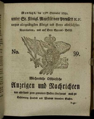 No. 39. Montags, den 25ten September 1780.
