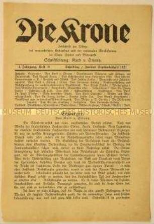 Blatt (Sonderdruck?) aus der monarchistischen Zeitschrift "Die Krone" mit einem Beitrag zum Mord an Matthias Erzberger (unvollständig)