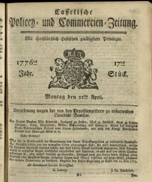 17tes Stueck, Montag den 22ten April 1776