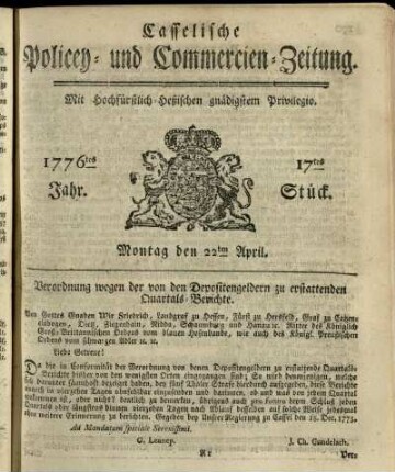 17tes Stueck, Montag den 22ten April 1776