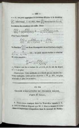 Sur une classe d´équations du premier degre.