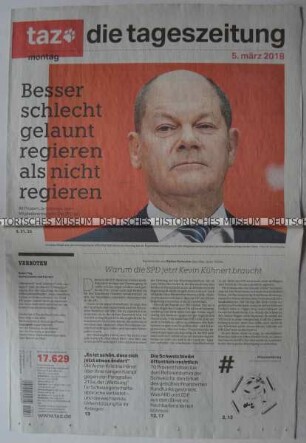 Tageszeitung "taz. die tageszeitung" mit Titel zur Regierungsbildung in Deutschland