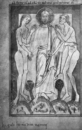 Sogenanntes Gebetbuch der heiligen Hildegard — Gottvater führt Adam und Eva zusammen, Folio 3verso