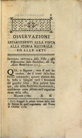 Osservazioni spettanti alla fisica, alla storia naturale ed alle arti. 1780, März