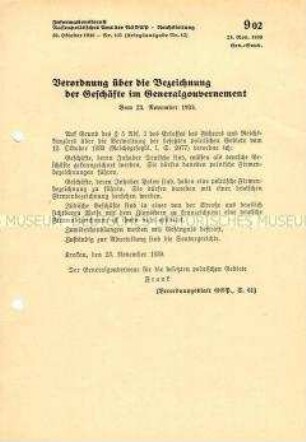 Informationsblatt des Rassenpolitischen Amtes der NSDAP zur Bezeichung von Geschäften im "Generalgouvernement"