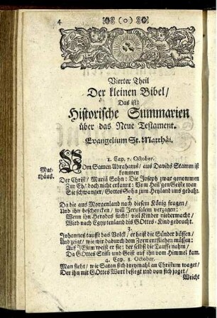 Vierter Theil Der kleinen Bibel/ Das ist Historische Summarien über das Neue Testament. = Vierter Theil Der kleinen Bibel/ Das ist: Lehr- und Trost-Summarien über das Neue Testament.