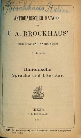 Antiquarischer Katalog von F. A. Brockhaus' Sortiment und Antiquarium in Leipzig. [24.] 1887