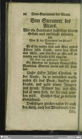 Vom Sacrament des Altars : Wie ein Hausvater dasselbige seinem Gesinde aufs einfältigste fürhalten soll