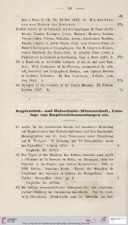 Kupferstich- und Holzschnitt- Wissenschaft, Cataloge von Kupferstichsammlungen etc (Nr. 61 - 81)