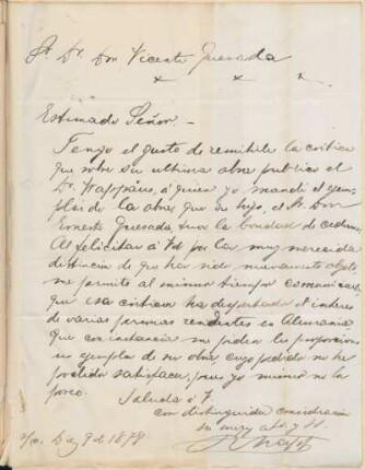 [Carta a Vicente Quesada en español, 9 de diciembre de 1878]