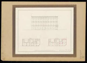 Bürgerliches Wohnhaus Monatskonkurrenz Februar 1837: Grundriss Erdgeschoss, Obergeschoss, Aufriss Straßenansicht; 2 Maßstabsleisten
