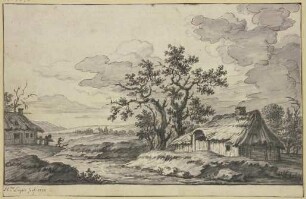 Landschaft mit Bach und zwei Hütten im Vordergrund