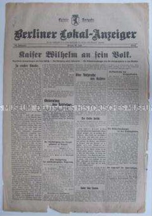 Extra-Ausgabe des "Berliner Lokal-Anzeiger" mit einem Aufruf von Kaiser Wilhelm II.