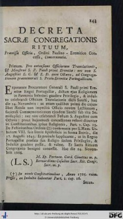 Decreta Sacrae Congregationis Rituum, Praemissa Officia, Ordini Paulino-Eremitico Concessa, Concernentia.