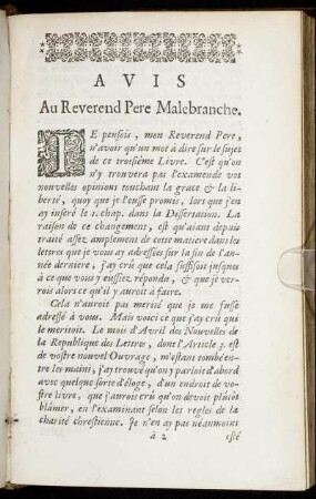 Avis Au Reverend Pere Malebranche.