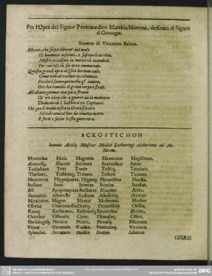 Per l'Opra del Signor Protomedico Matthia Morone, dedicata al Signor di Covunges