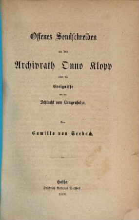 Offenes Sendschreiben an den Archivrath Onno Klopp über die Ereignisse vor der Schlacht von Langensalza