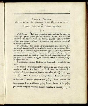 Chapitre Premier. Sur les Limites des Quantilés & des Rapports variables, ou Premiers Principes des Calculs Supérieurs.