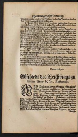 Abschiedt des Reichßtags zu Speyer/ Anno 1529. Auffgericht.