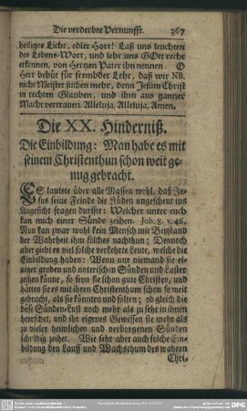 Die XX. Hinderniß. Die Einbildung: Man habe es mit seinem Christenthun schon weit genug gebracht