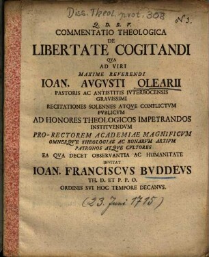 Commentatio Theologica De Libertate Cogitandi