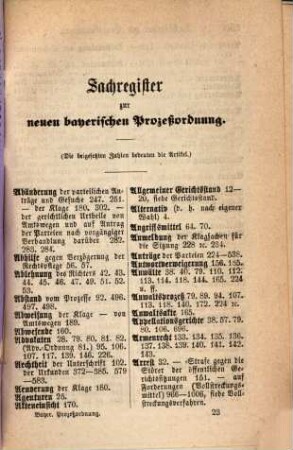 Prozeßordnung in bürgerlichen Rechtsstreitigkeiten für das Königreich Bayern : [Verordnungen u.s.w. zur Bayerischen Prozeßordnung ...], 3,1. Sachregister