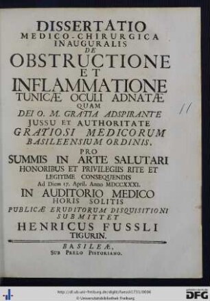 Dissertatio Medico-Chirurgica Inauguralis De Obstructione Et Inflammatione Tunicae Oculi Adnatae