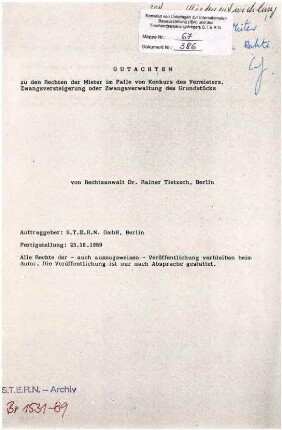 Gutachten: Mieterrechte bei               Vermieter-Konkurs, Zwangsversteigerung/-verwaltung des               Grundstücks