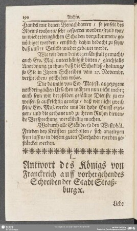 L. Antwort des Königs von Franckreich auff vorhergehendes Schreiben der Stadt Straßburg [e.t.]c.