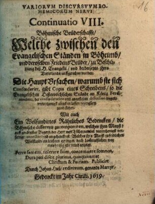 Variorum discursuum Bohemicorum Nervi Continuatio VIII : Böhmische Brüderschafft