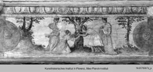 Deckendekoration : Deckenstreifen mit dem Wappen der Strozzi und der Bandini, reitenden Brautleuten und einem Fries mit den Geschichten des Adonis und des Perseus