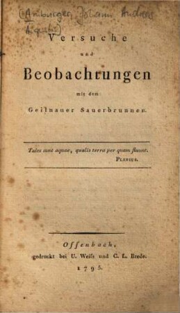 Versuche und Beobachtungen mit dem Geilnauer Sauerbrunnen