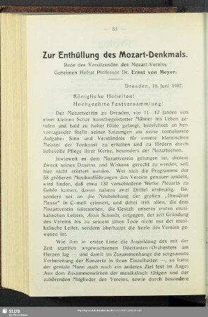Zur Enthüllung des Mozart-Denkmals. Rede des Vorsitzenden des Mozart-Vereins ...