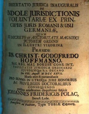 Diss. iur. inaug. de indole iurisdictionis voluntariae ex principiis iuris Romani & usu Germaniae