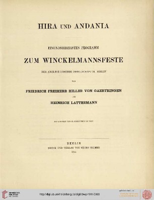 Band 71: Programm zum Winckelmannsfeste der Archäologischen Gesellschaft zu Berlin: Hira und Andania