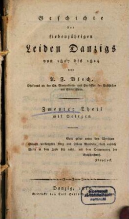 Geschichte der siebenjährigen Leiden Danzigs von 1807 bis 1814, 2