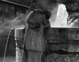 Brunnen mit Ritterdarstellungen und Helmen : Budapest. Brunnen mit Ritterdarstellungen und Helmen. Stein. (vielleicht im Bereich der Thermalquellen). Teilansicht mit Helm auf dem Brunnenrand