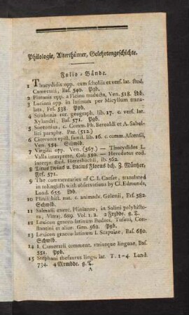 1-23, Philologie, Alterthümer, Gelehrtengeschichte. Folio-Bände. Quart-Bände. Octav-Bände. Duodez-Bände.