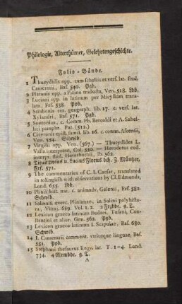 1-23, Philologie, Alterthümer, Gelehrtengeschichte. Folio-Bände. Quart-Bände. Octav-Bände. Duodez-Bände.
