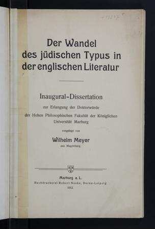 Der Wandel des jüdischen Typus in der englischen Literatur : Inaugural-Dissertation ... / von Wilhelm Meyer