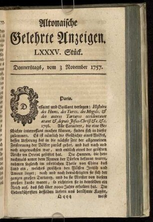 LXXXV. Stück. Donnerstags, vom 3 November 1757