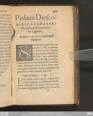 Pedanii Dioscoridis Anazarbei De medicinali materia Liber Quintus, Ioanne Ruellio Sueßionensi interprete.