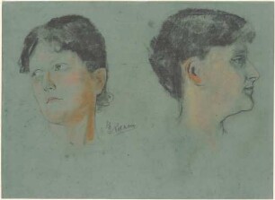 Weiblicher Kopf von vorn und von der Seite nach rechts gezeichnet