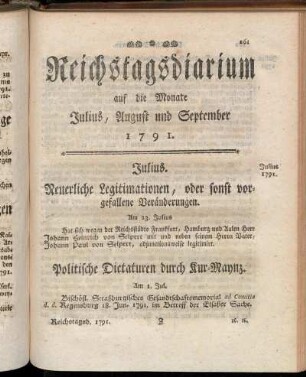 Reichstagsdiarium auf die Monate Julius, August und September 1791.