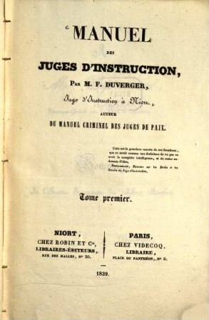 Manuel des juges d'instruction, 1. 1839