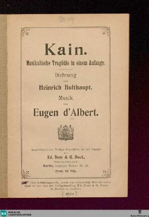 Kain : Musikalische Tragödie in einem Aufzuge