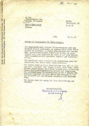 Brief von CCC an Verteilungsamt Berlin-Zehlendorf, 13.04.1948