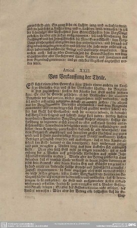 Articul XXII. Von Verkauffung der Theile.